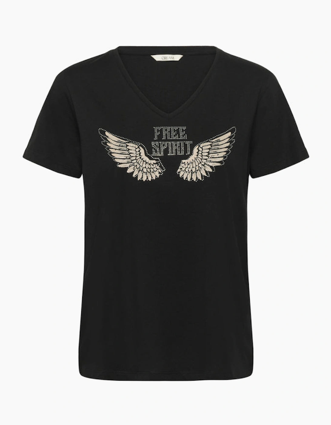 Cream 10615224 Black Rhinestone Wings 100% Cotton T-Shirt