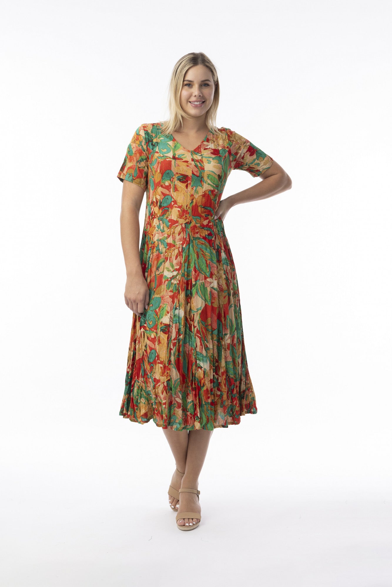 Orientique 30216 Sau Paulo Multi Colour Print Short Slevess Godet Dress