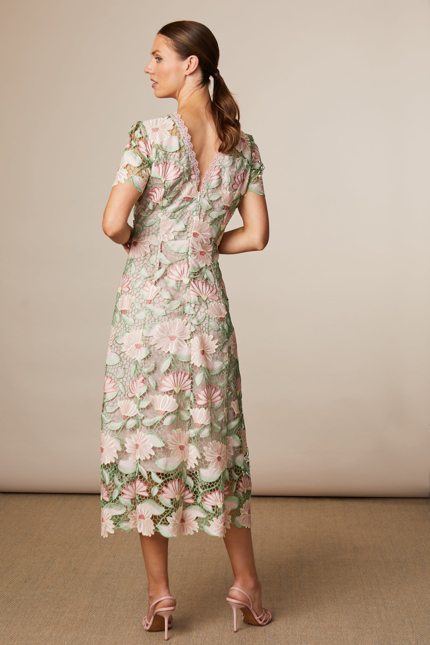 Fee G Midi Gupuire Lace Two-Tone Occasion Wear Dress 834G