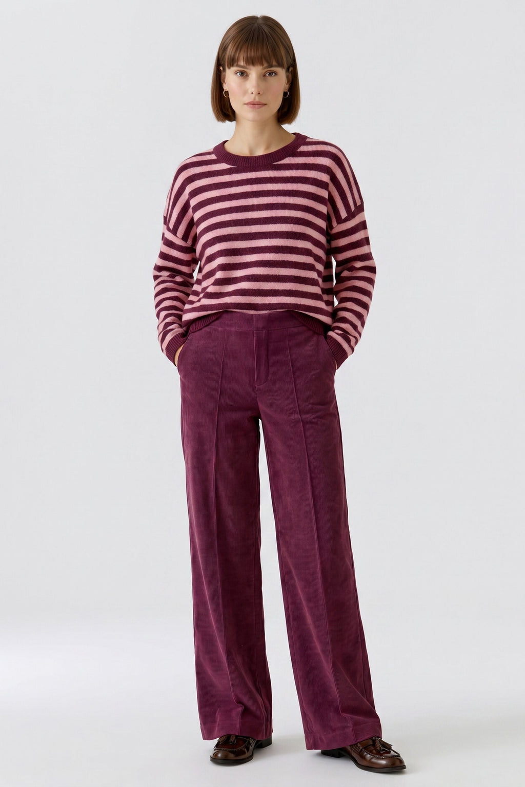 Oui 85738 Relaxed Fit Wide Leg Cordroy Trousers In Burgundy