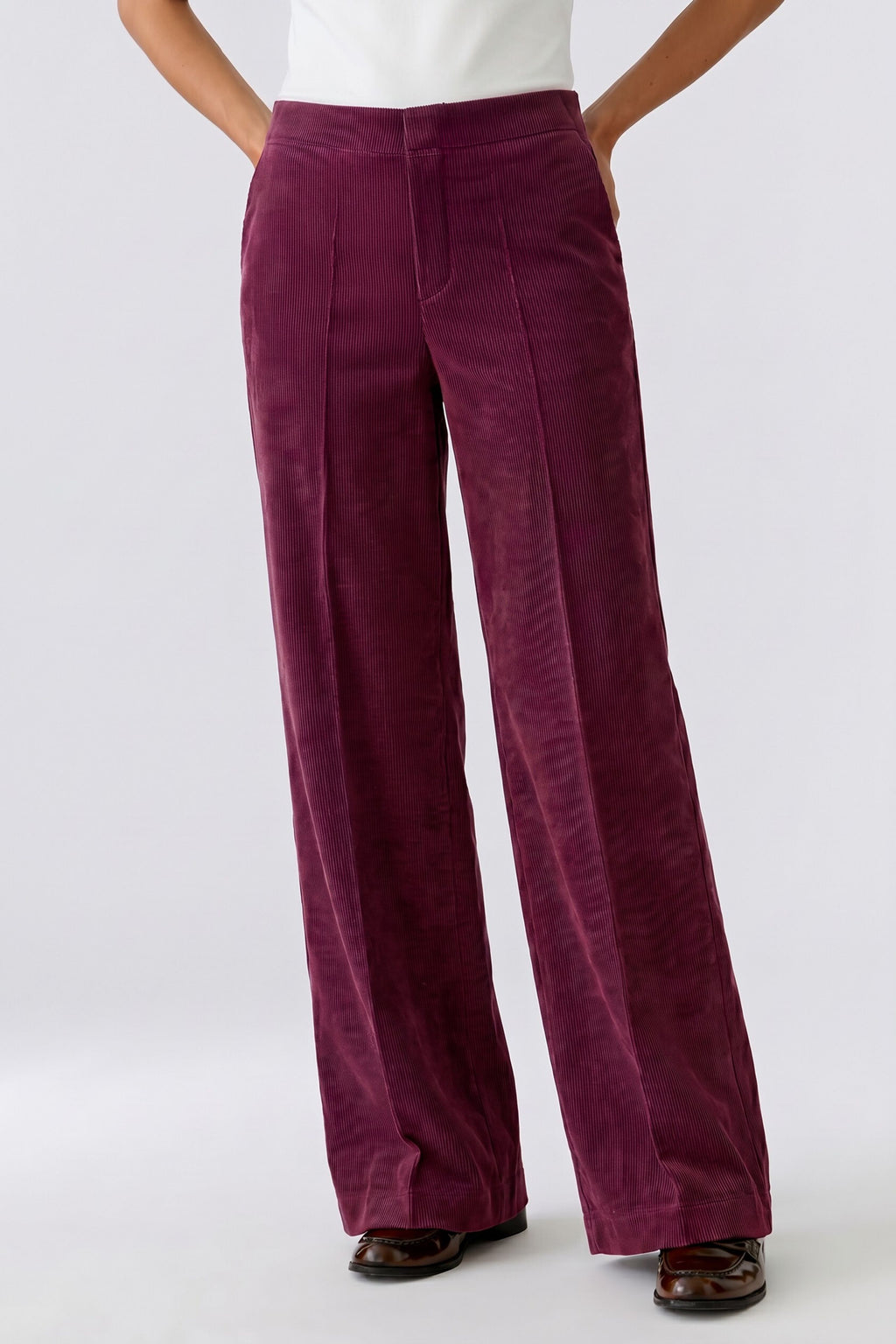 Oui 85738 Relaxed Fit Wide Leg Cordroy Trousers In Burgundy