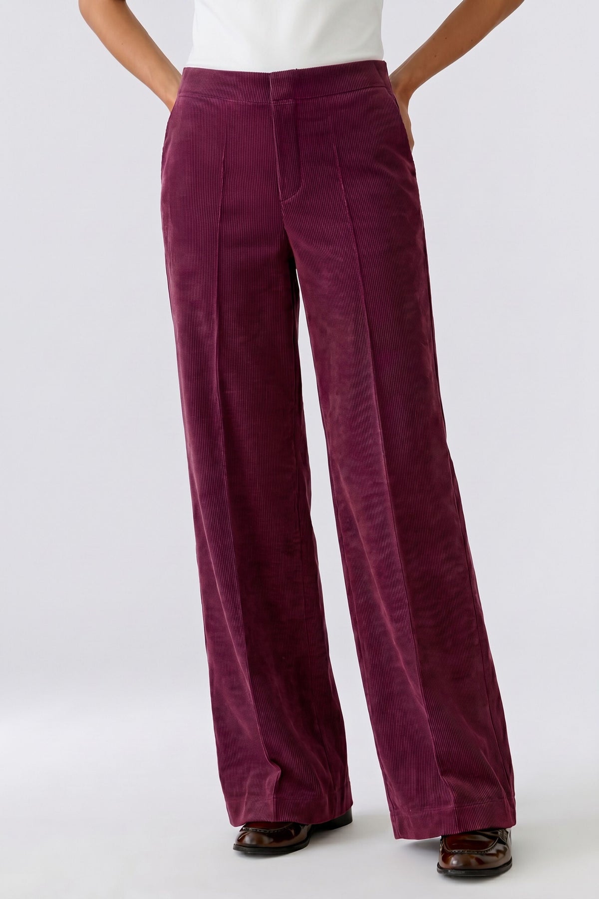 Oui 85738 Relaxed Fit Wide Leg Cordroy Trousers In Burgundy