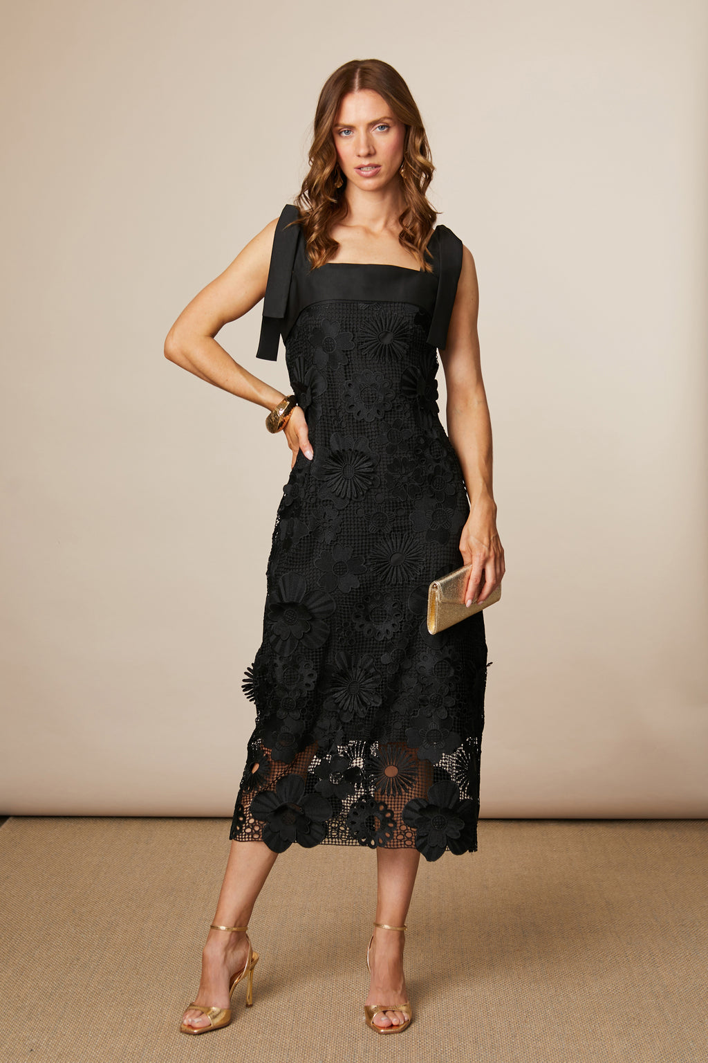Fee G Heavy Gupuire Lace Fitted Midi Dress With Straps 876b