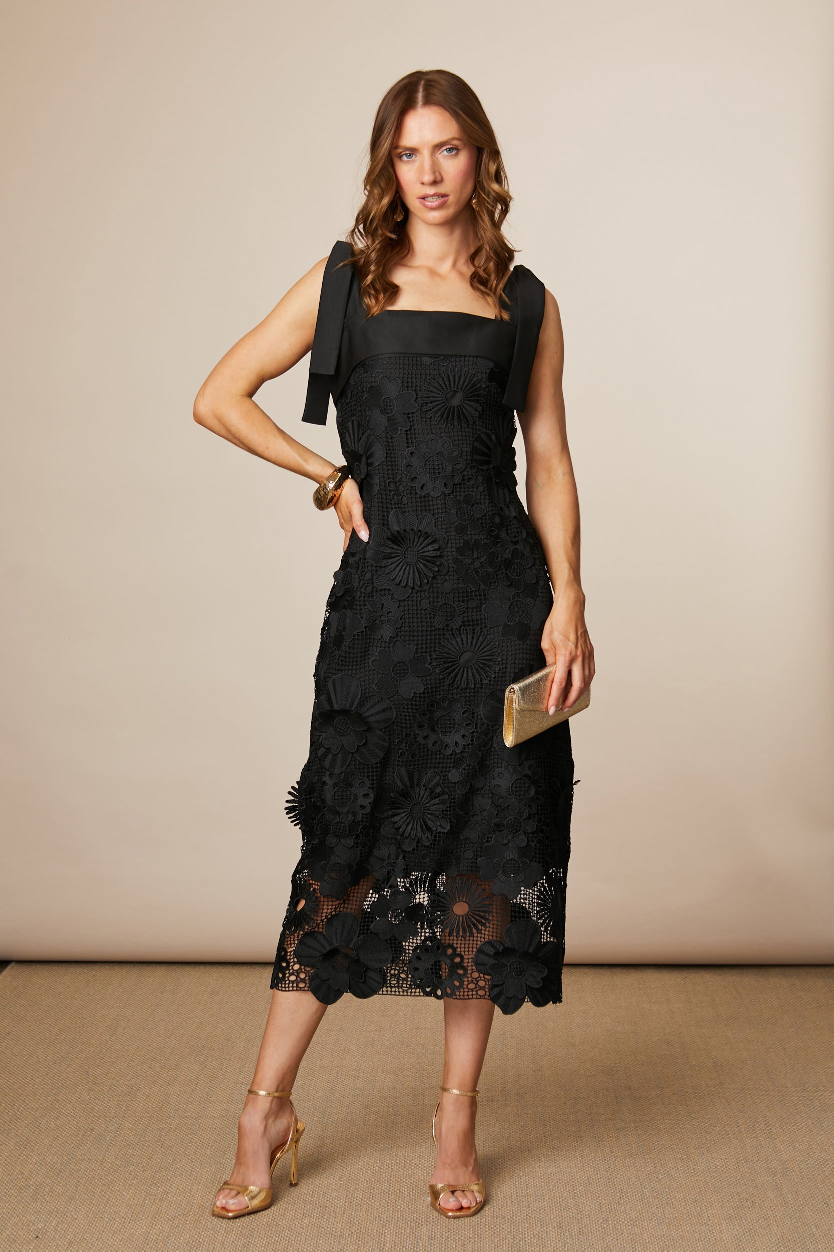 Fee G Heavy Gupuire Lace Fitted Midi Dress With Straps 876b