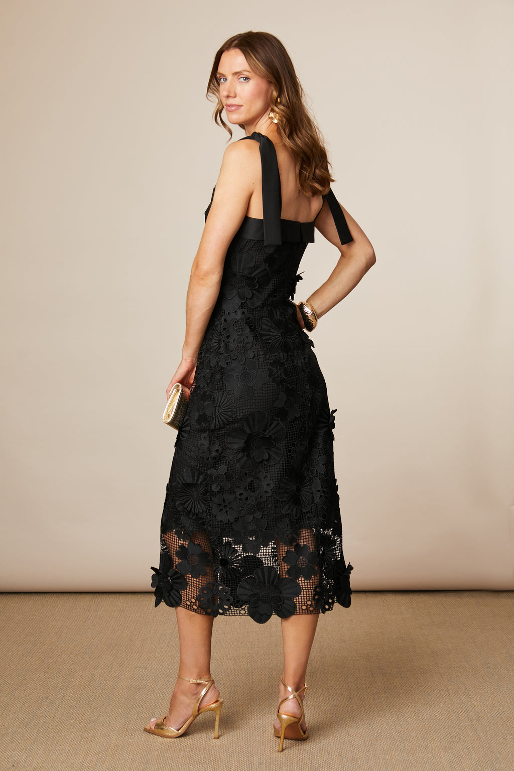Fee G Heavy Gupuire Lace Fitted Midi Dress With Straps 876b