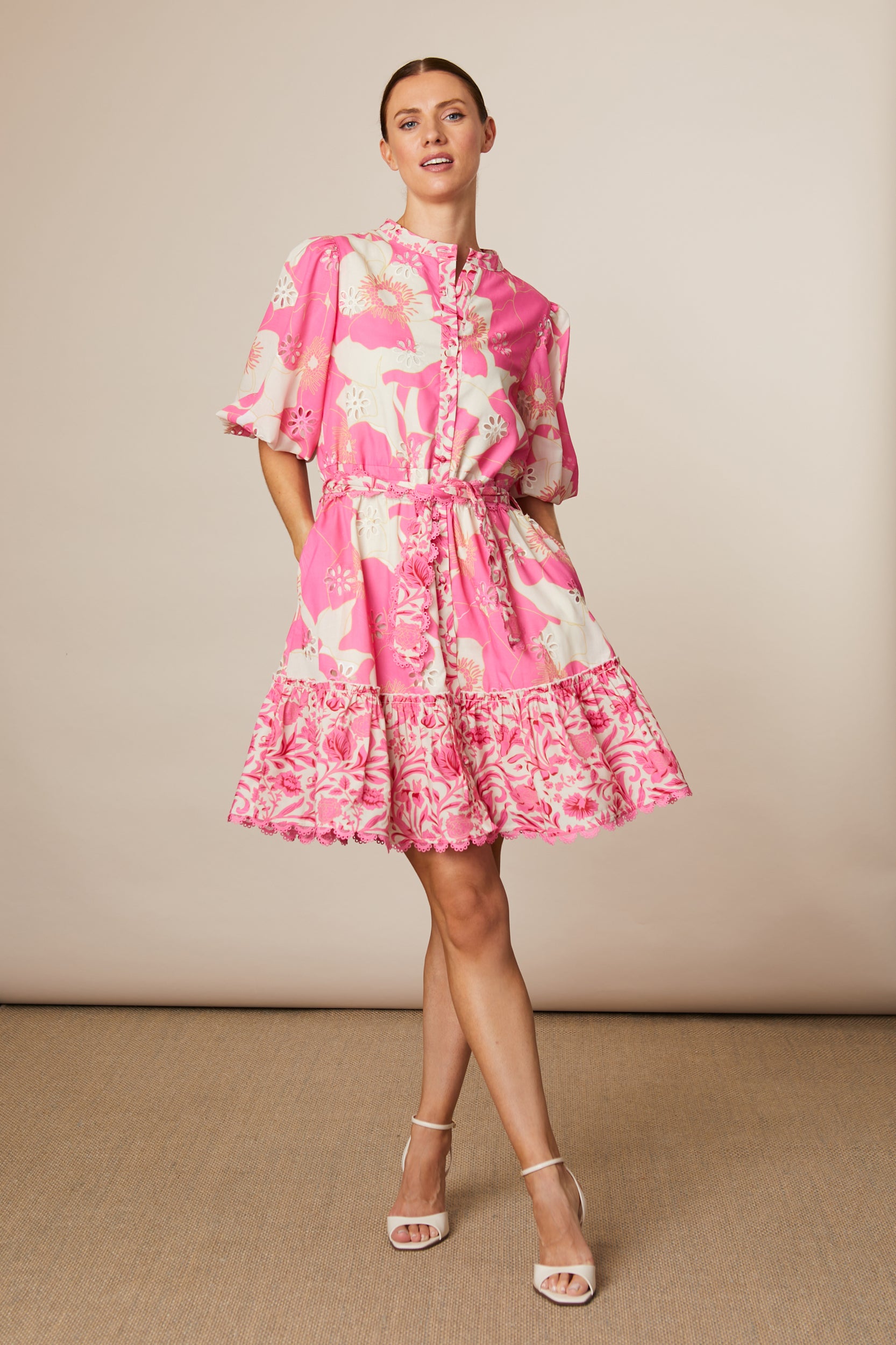 Fee G Eve Hot Pink Floral With lace Trim and Tiers Dress 877