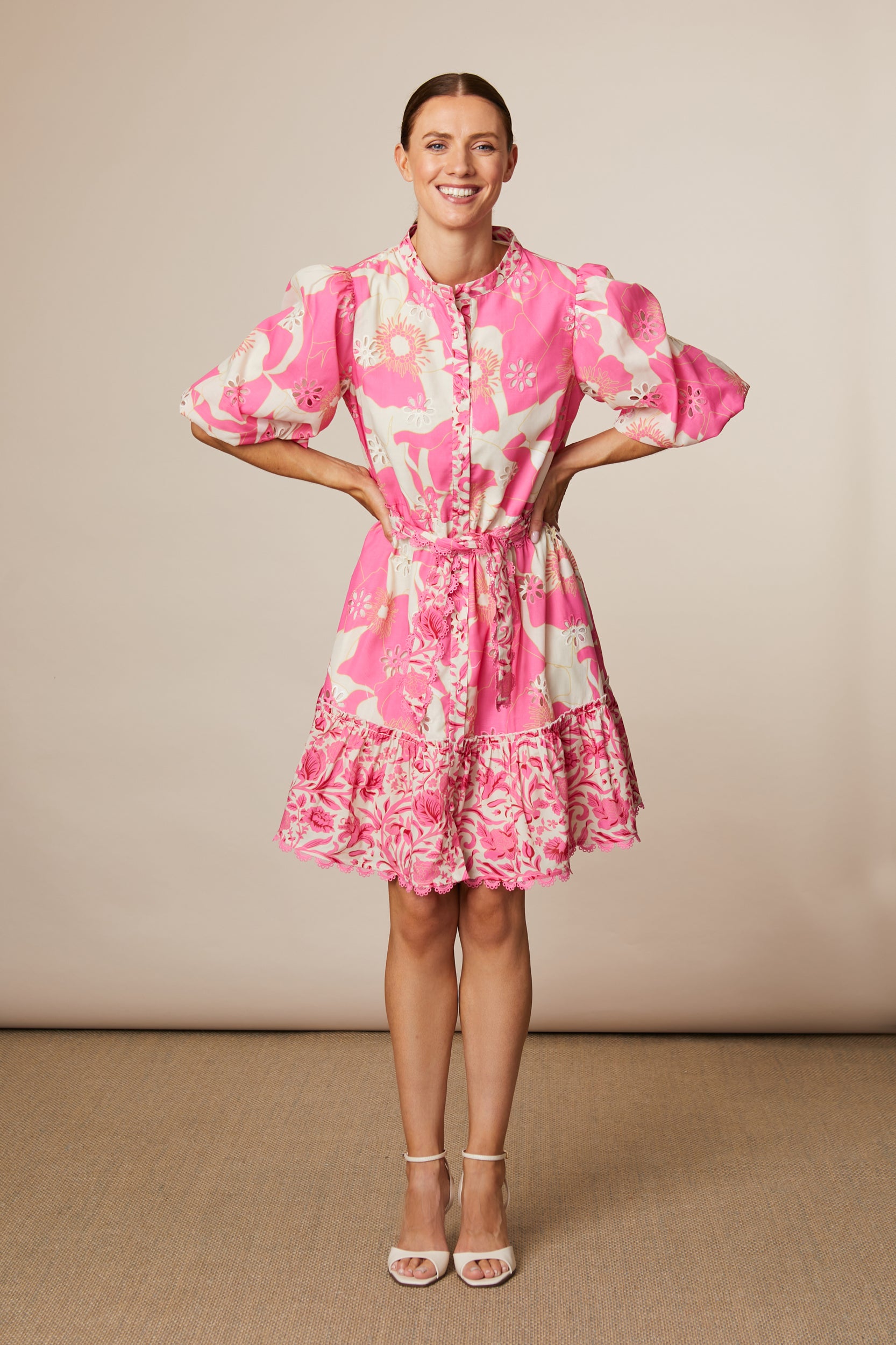 Fee G Eve Hot Pink Floral With lace Trim and Tiers Dress 877