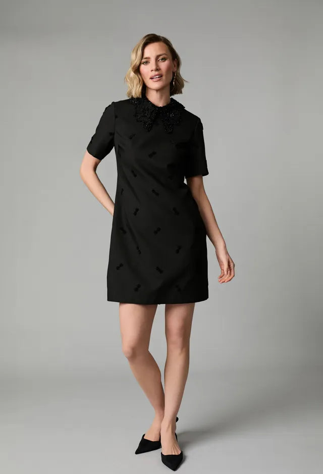 Fee G Black Satin Dress with Large Beaded Collar 584B/146