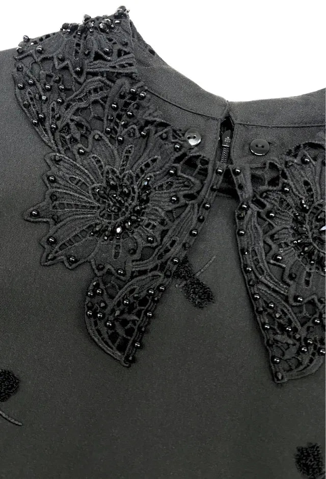 Fee G Black Satin Dress with Large Beaded Collar 584B/146