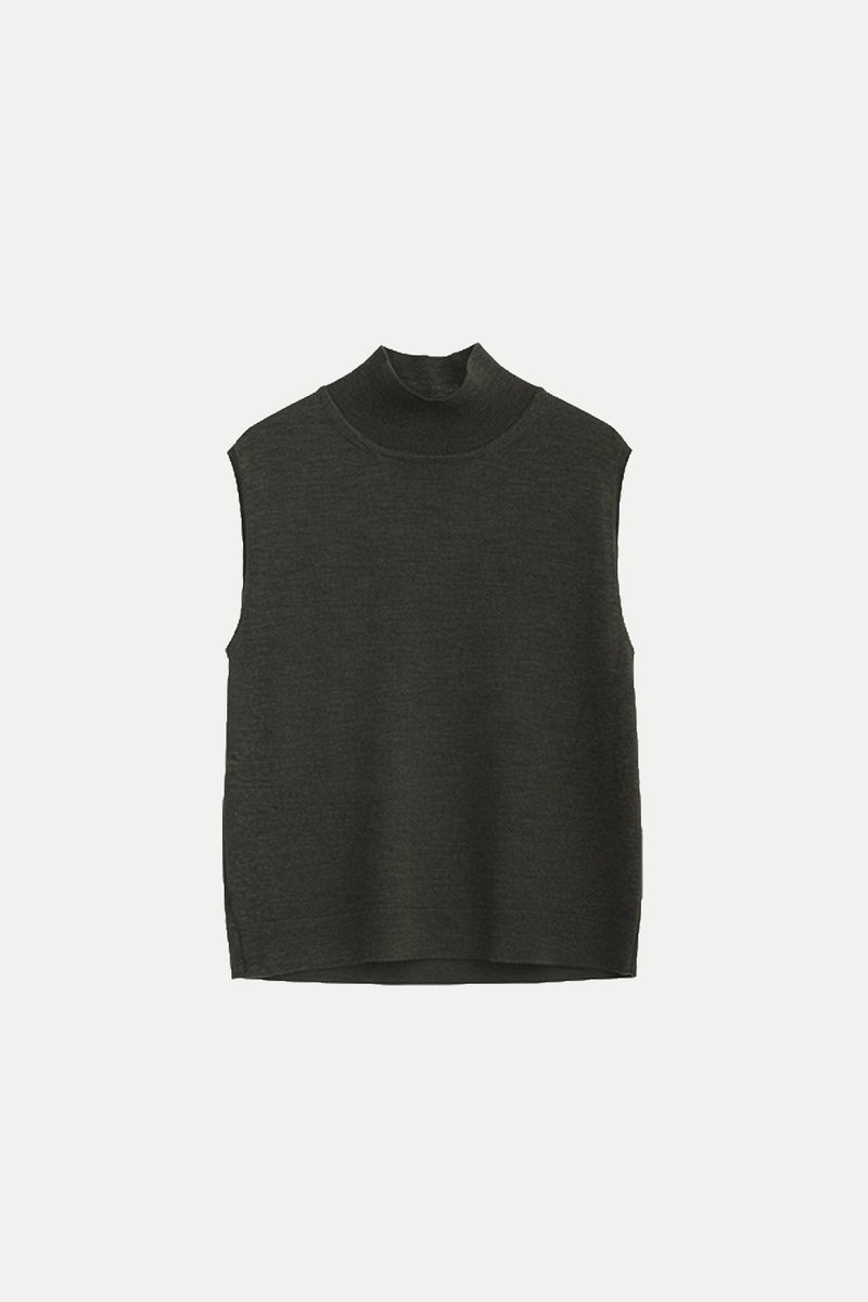 Maria Bellentani Miya Khaki Green Sleeveless Knitted Vest With High Neckline