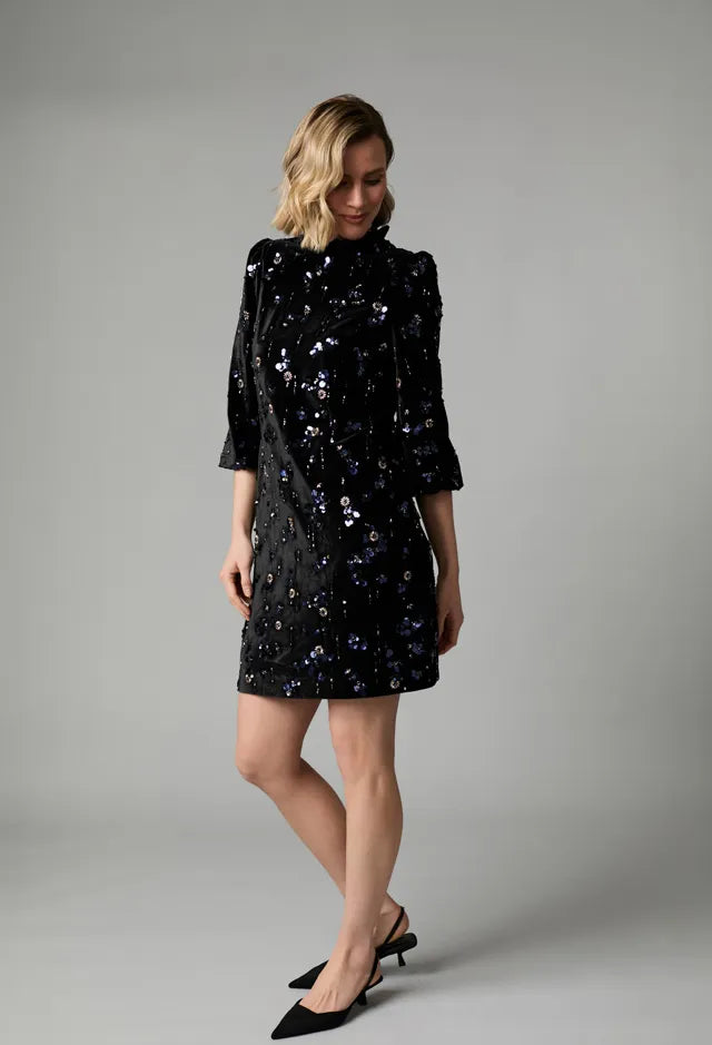 Fee G Black Velvet Dress with Beads and Sequins