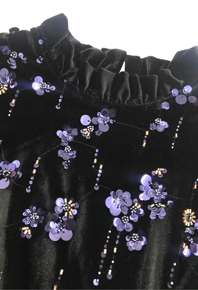 Fee G Black Velvet Dress with Beads and Sequins