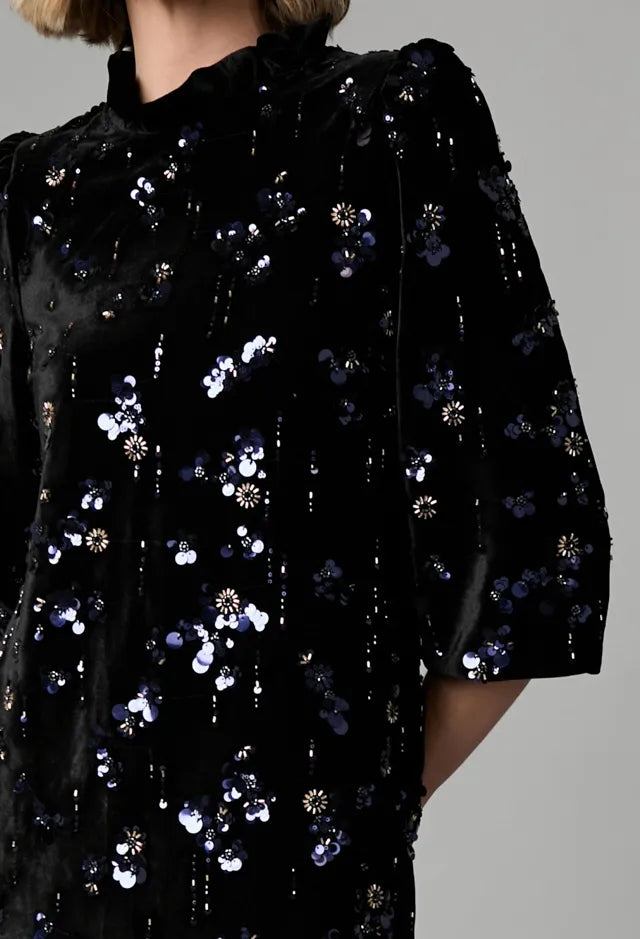Fee G Black Velvet Dress with Beads and Sequins