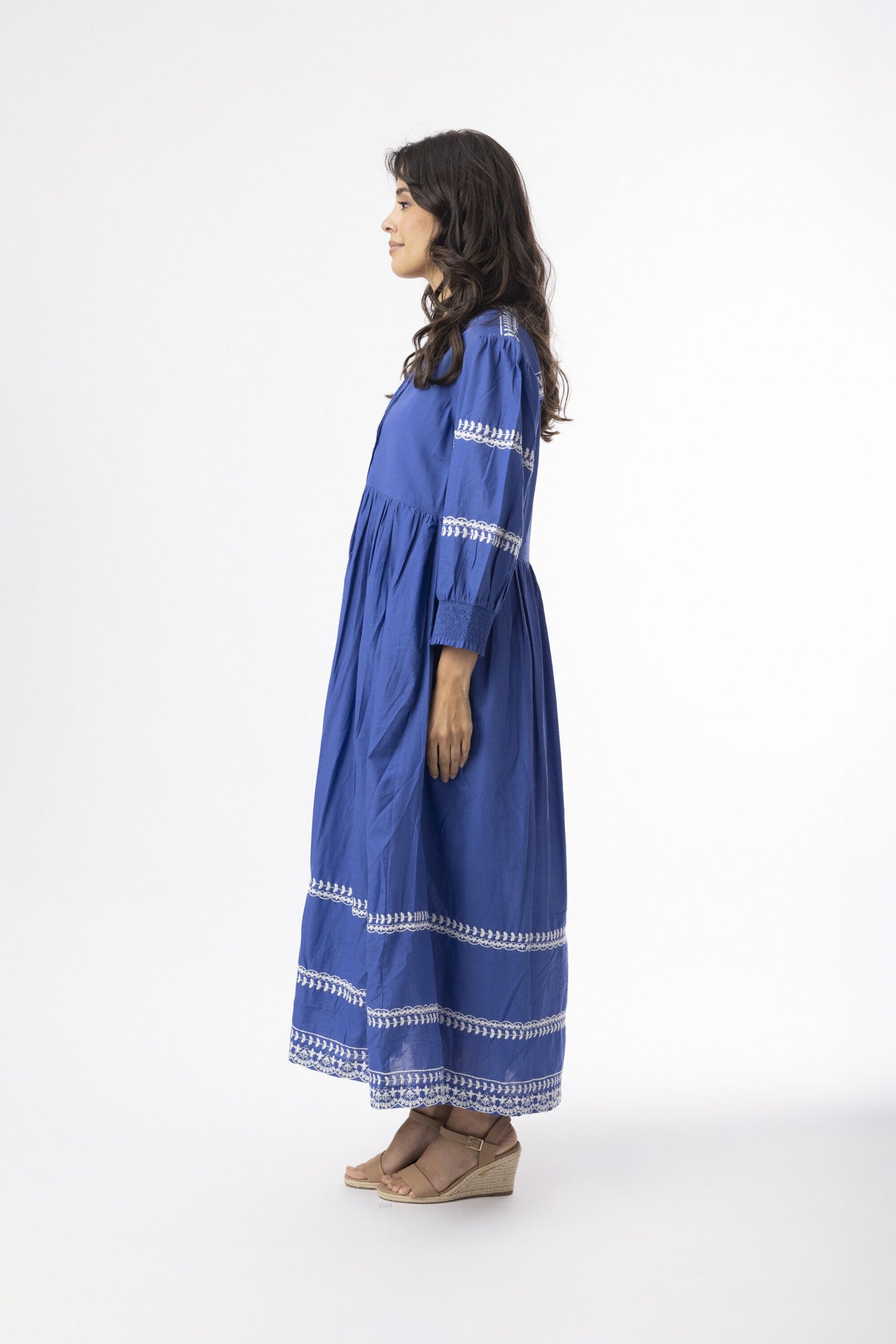 Orientique 30220 Indigo Blue Embroidered Detail Elbow Sleeve Maxi  Dress
