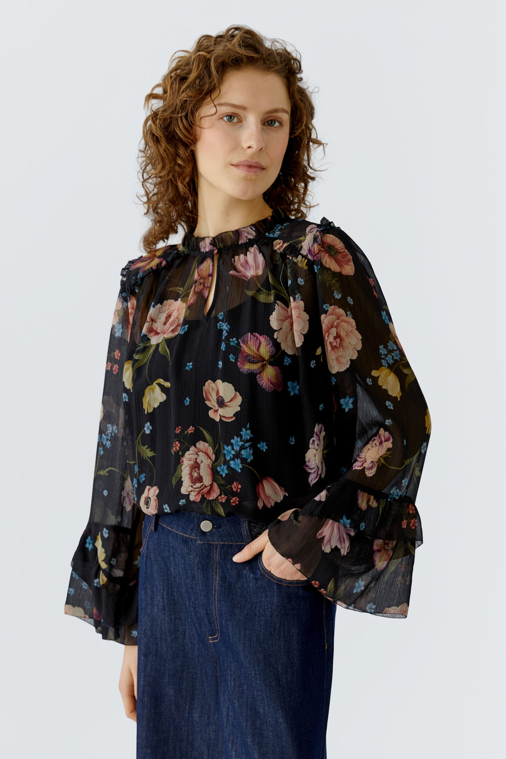 Oui 96718 Black And Red Printed Floral Chiffon Blouse