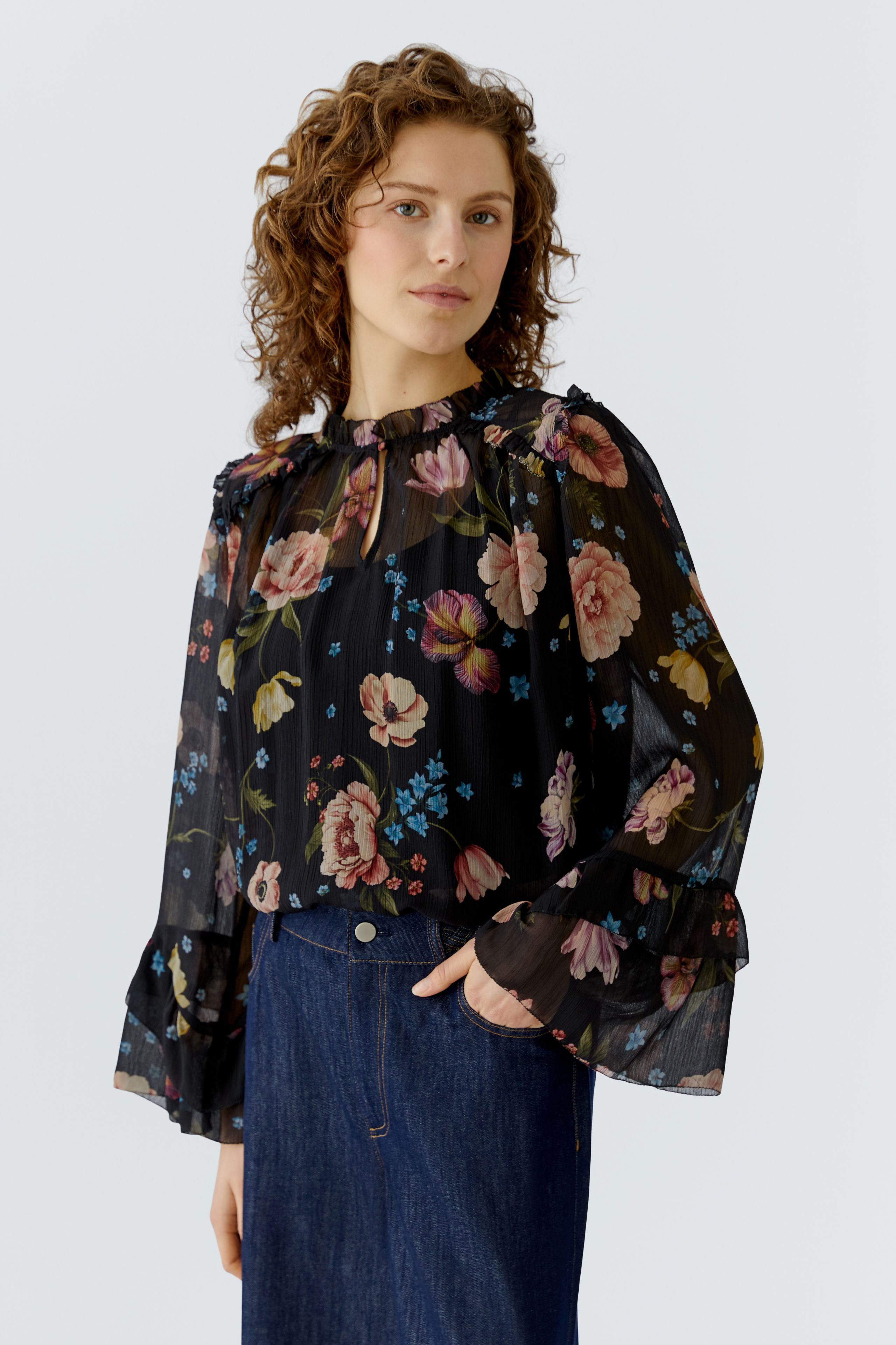 Oui 96718 Black And Red Printed Floral Chiffon Blouse