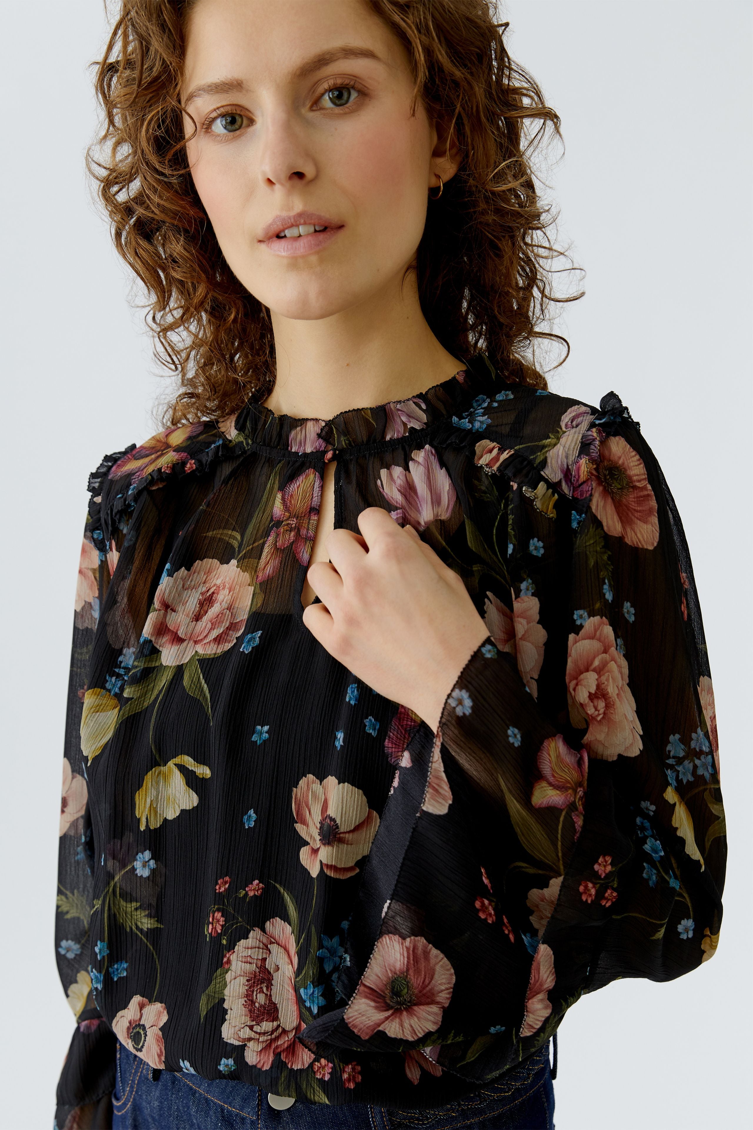 Oui 96718 Black And Red Printed Floral Chiffon Blouse