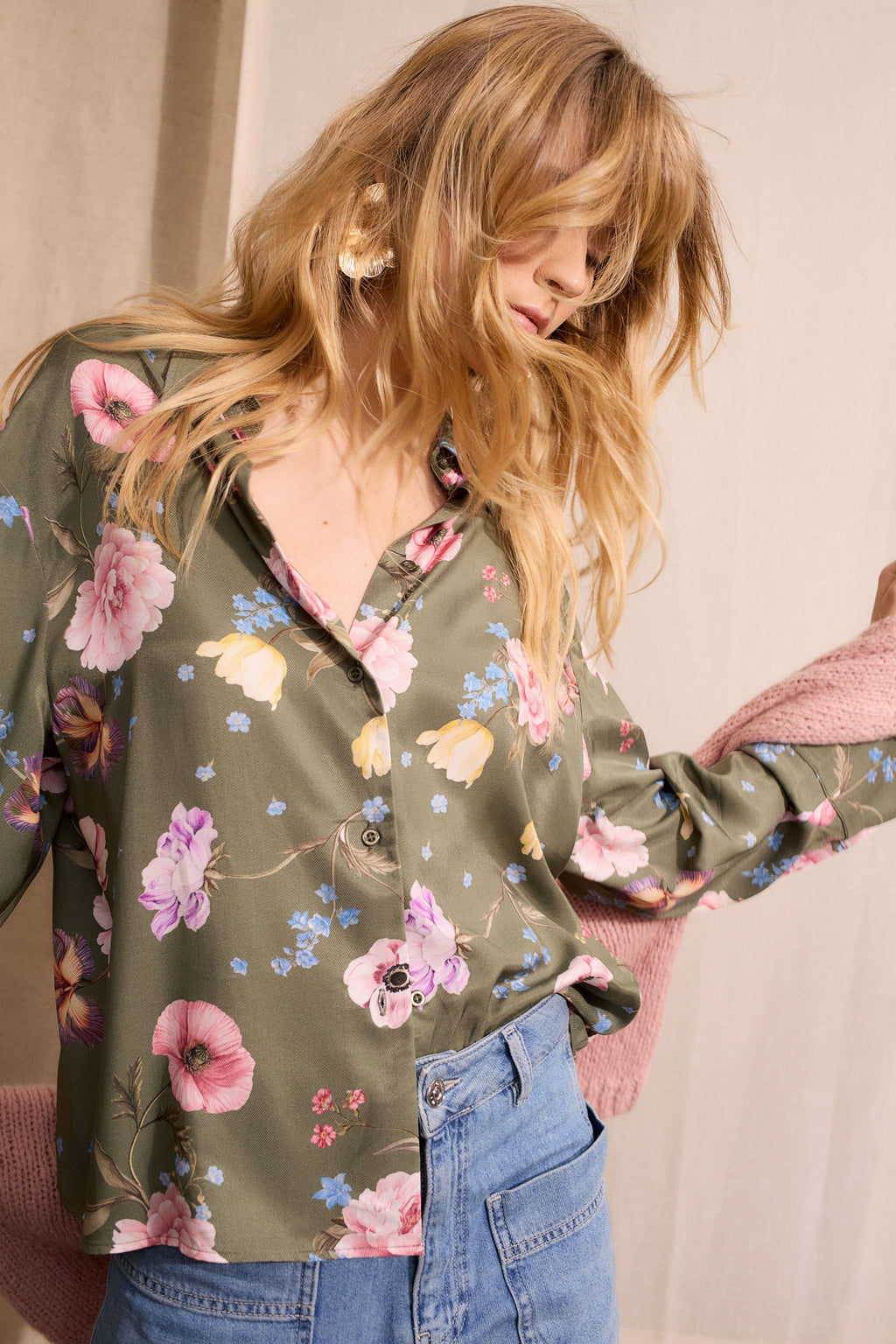 Oui 96722 Khaki And Ref Floral Printed Shirt