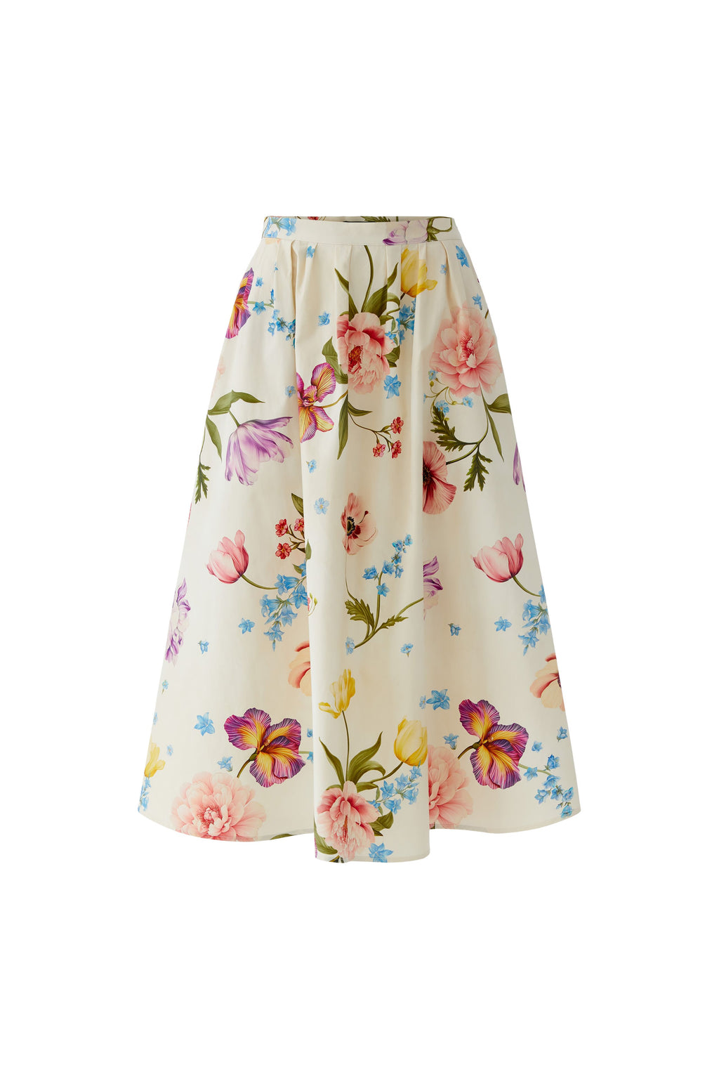 Oui 97098 White and Red Floral Printed Midi A Line Skirt