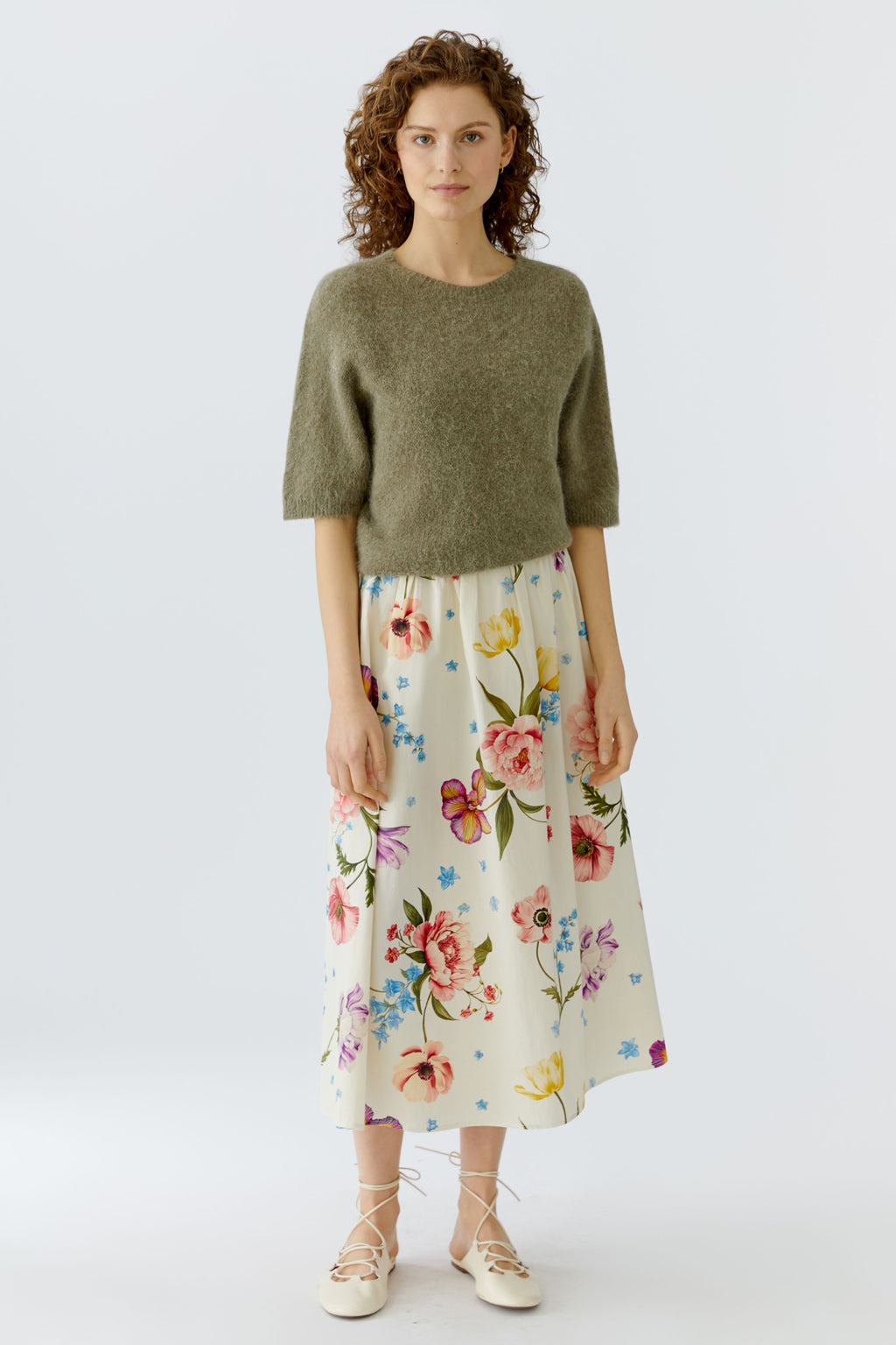 Oui 97098 White and Red Floral Printed Midi A Line Skirt