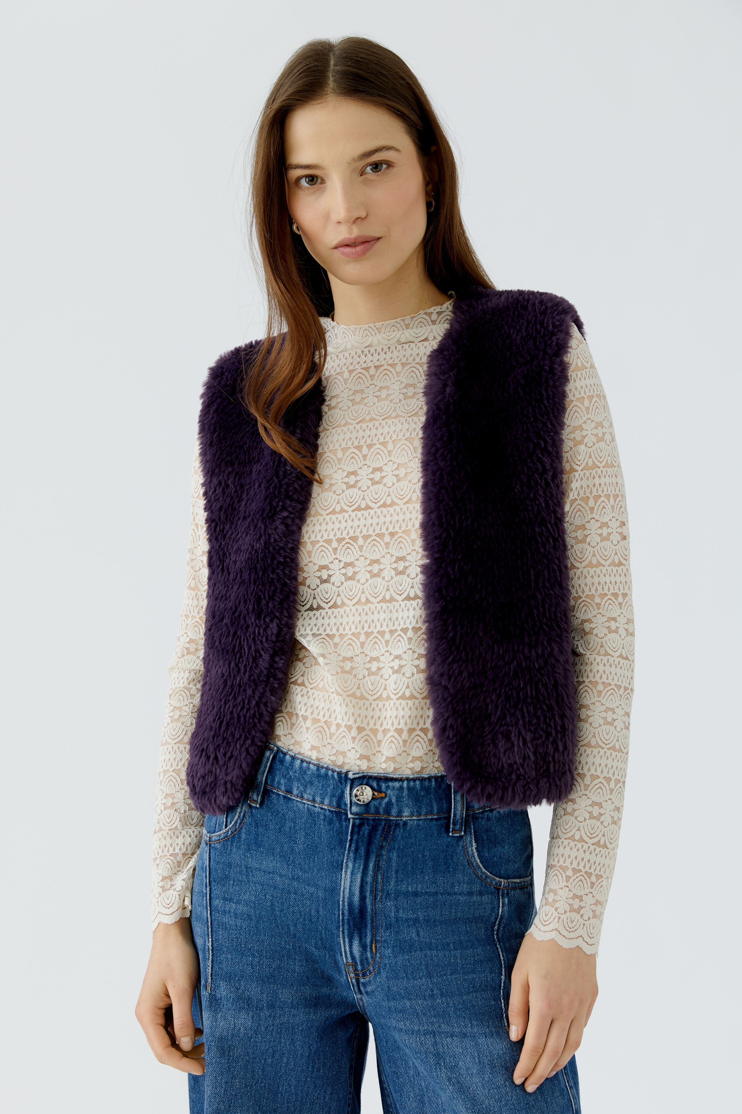 Oui 98077 Purple Collarless Cozy Fur Gillet