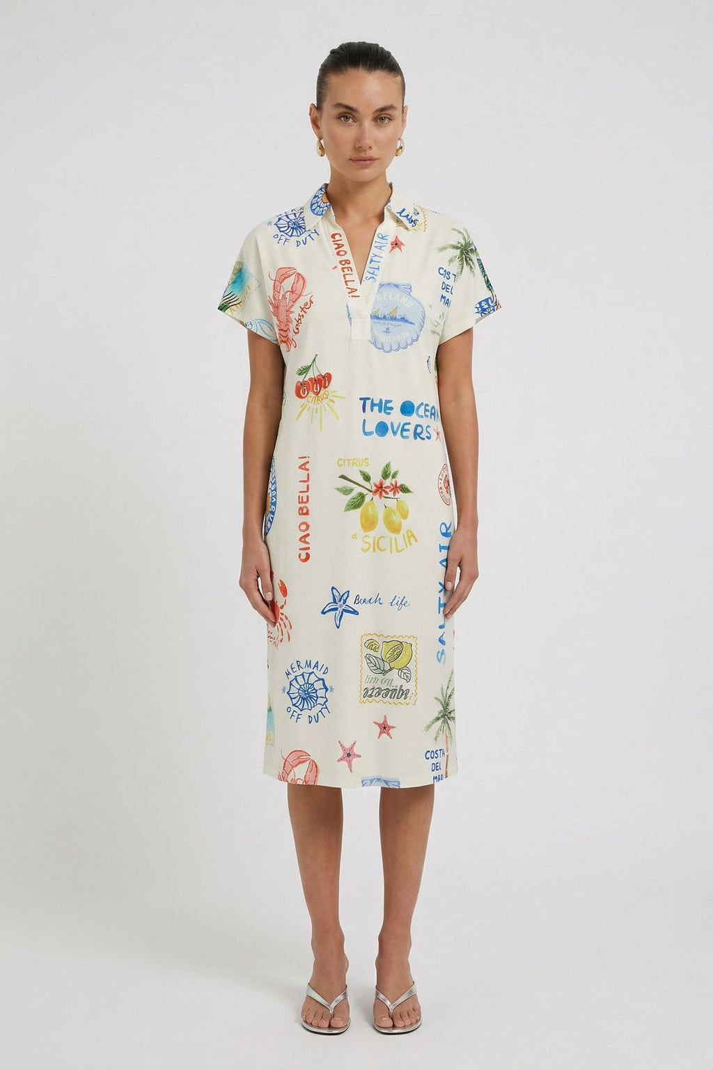 Oui 98847 Holiday Multi Color Print Mid Length Dress With Short Sleeves And A Collar