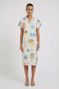 Oui 98847 Holiday Multi Color Print Mid Length Dress With Short Sleeves And A Collar