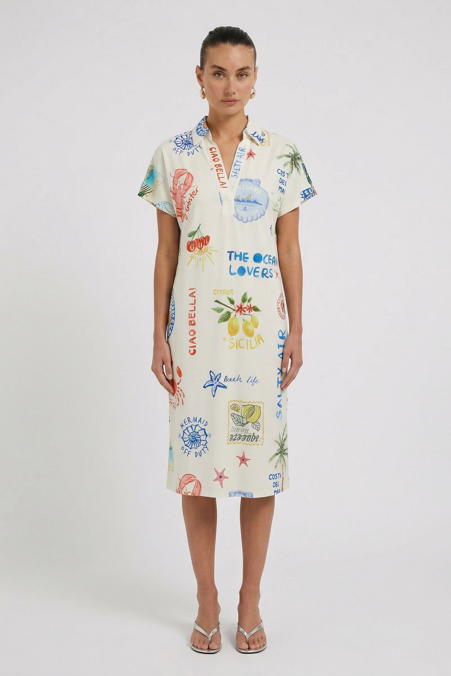 Oui 98847 Holiday Multi Color Print Mid Length Dress With Short Sleeves And A Collar