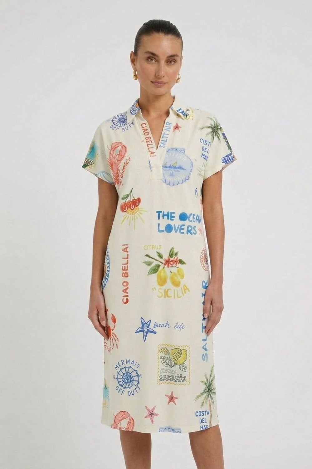 Oui 98847 Holiday Multi Color Print Mid Length Dress With Short Sleeves And A Collar