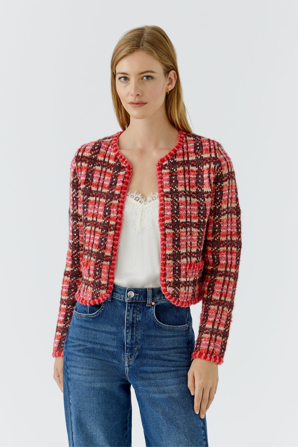 Oui 99765 Dark Red Boucle Knitted Cardigan