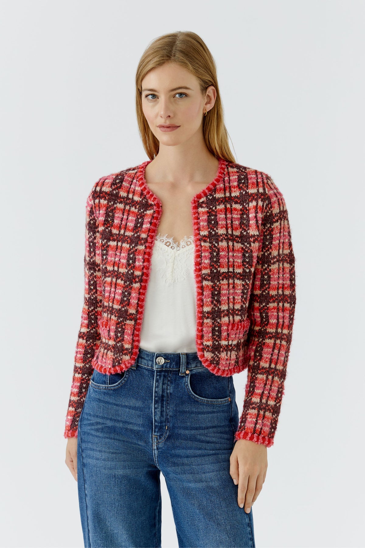 Oui 99765 Dark Red Boucle Knitted Cardigan