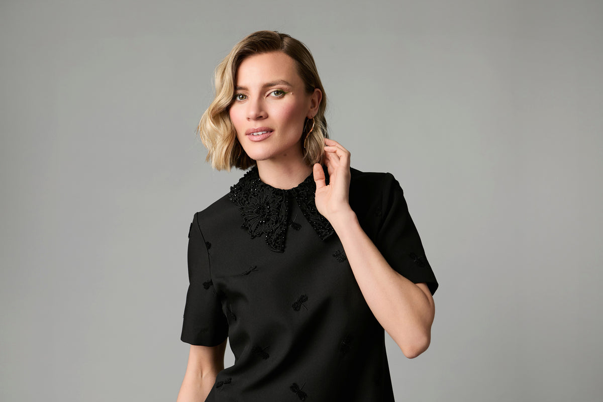 Fee G Black Satin Dress with Large Beaded Collar 584B/146