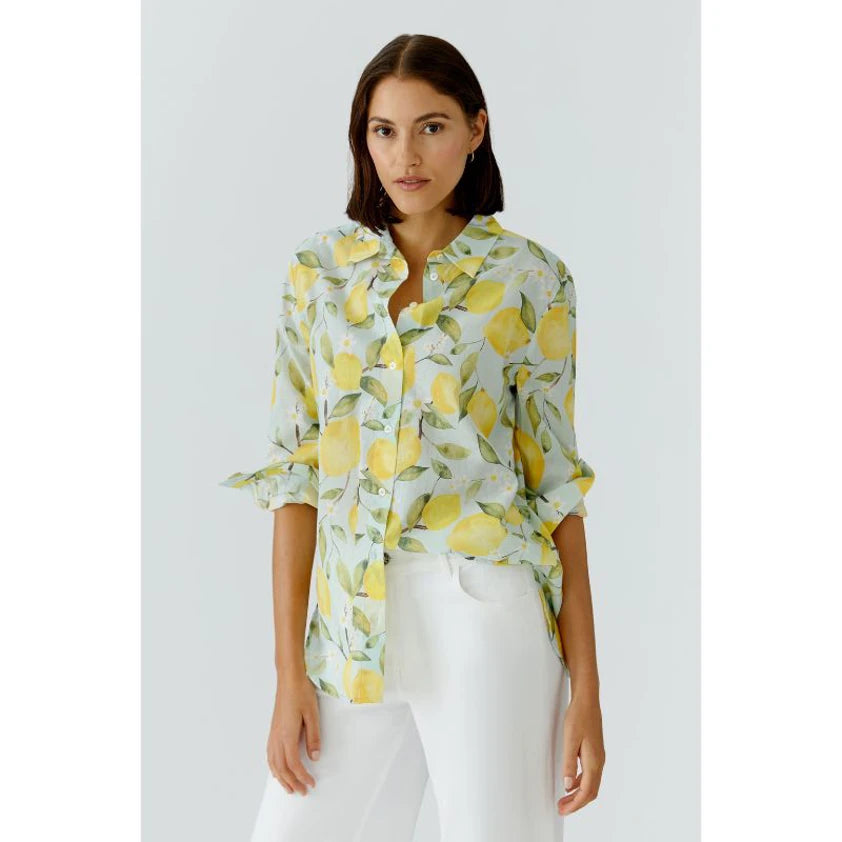 Oui 97535 Green And Yellow Lemon Long Sleeves Collar Shirt/Blouse
