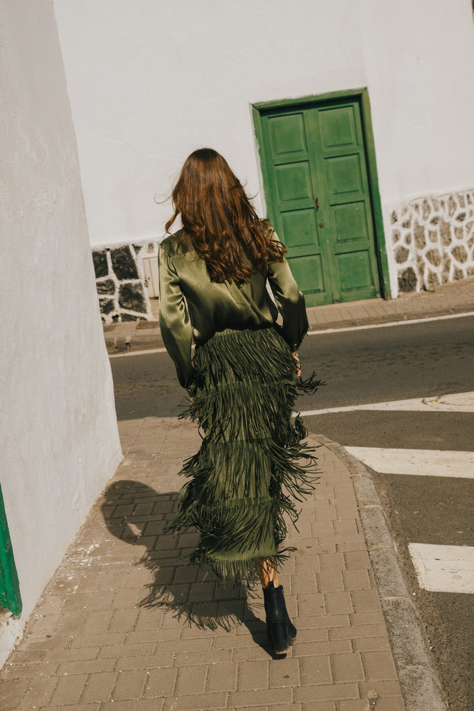 Traffic People 12976018 Gloria Tassel Stretch Midi Olive Green Skirt