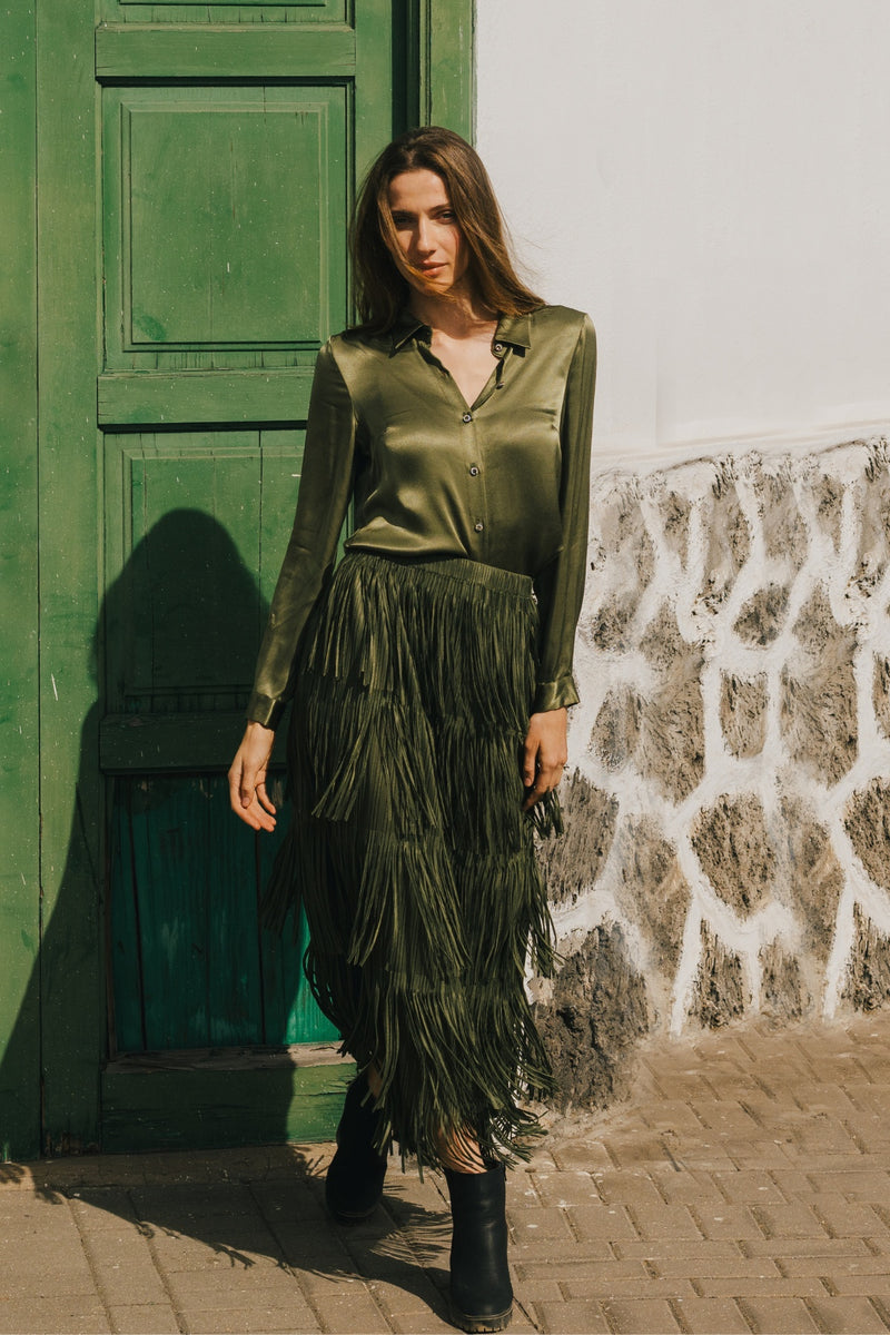 Traffic People 12976018 Gloria Tassel Stretch Midi Olive Green Skirt