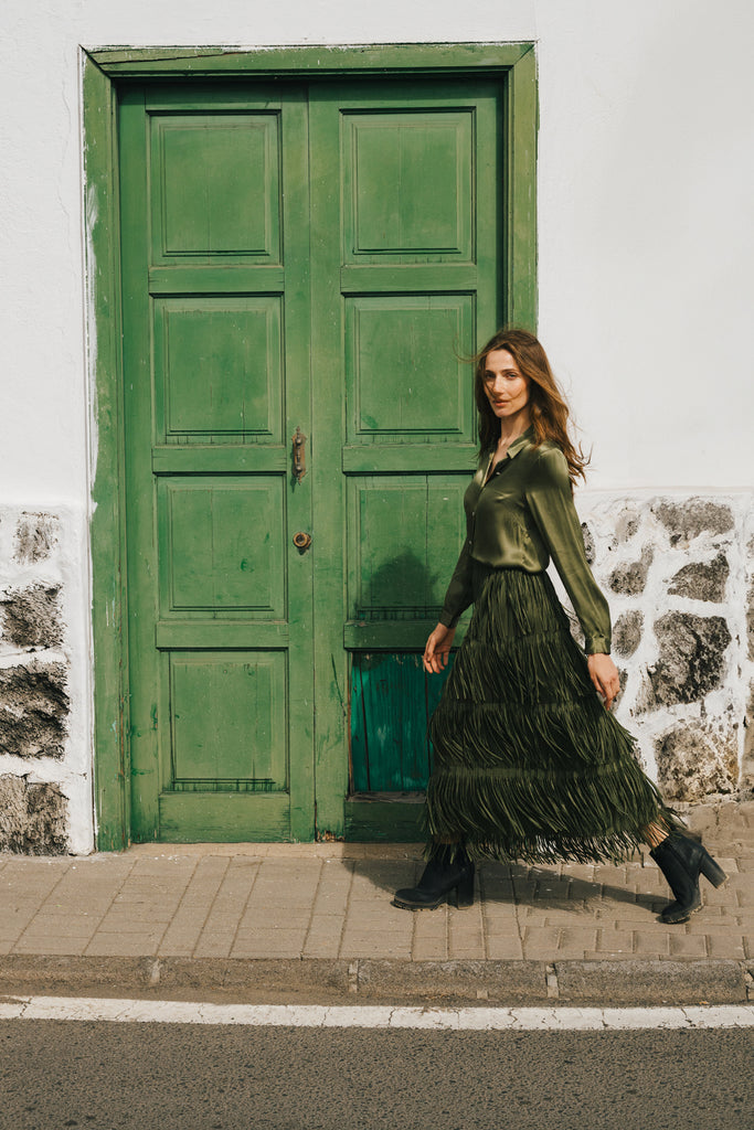 Traffic People 12976018 Gloria Tassel Stretch Midi Olive Green Skirt