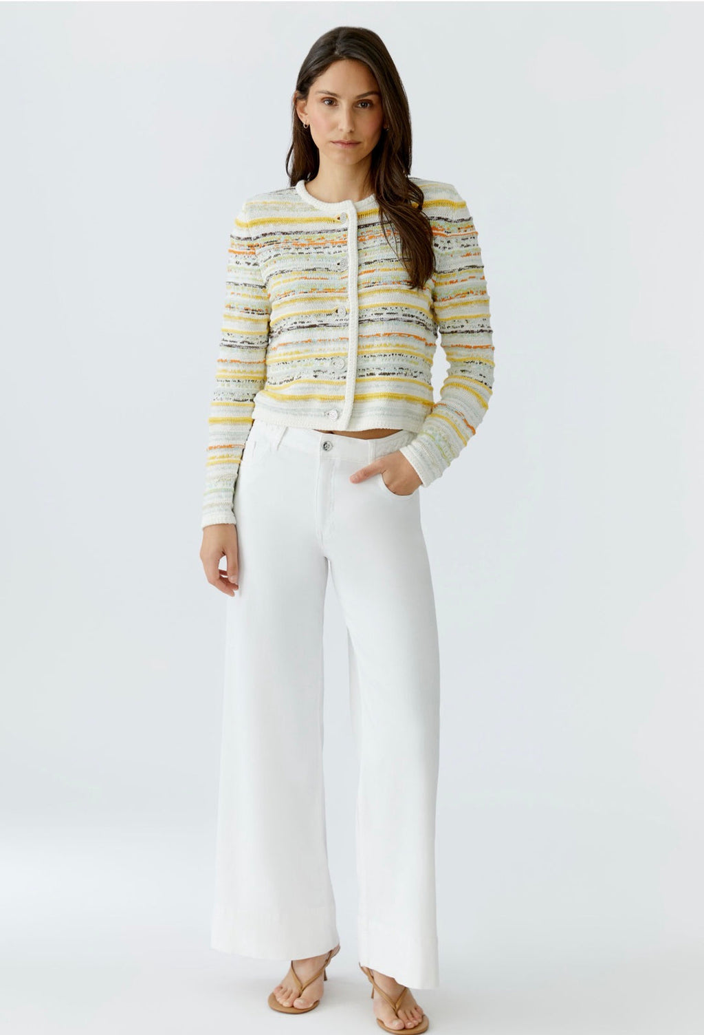 Oui 97327 White Yellow Colour Long Sleeves Cardigan