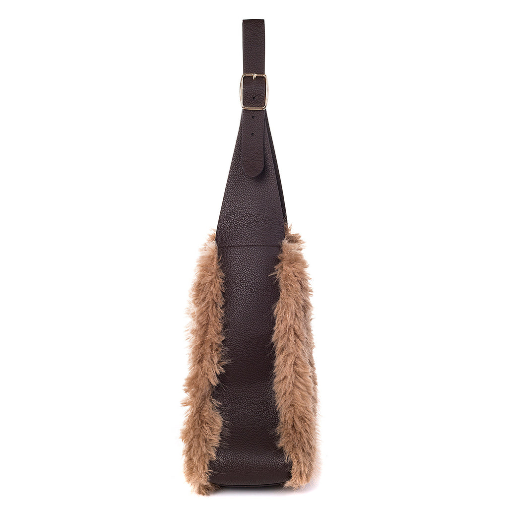 Park Lane Tan Faux Leather And Teddy Fur Tote Handbag
