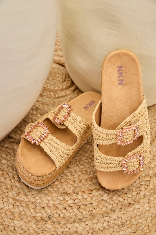 Nekane BF.OCTANS 000294 Camel RaffiaPlatforms Sandal With Buckles Rhinestones