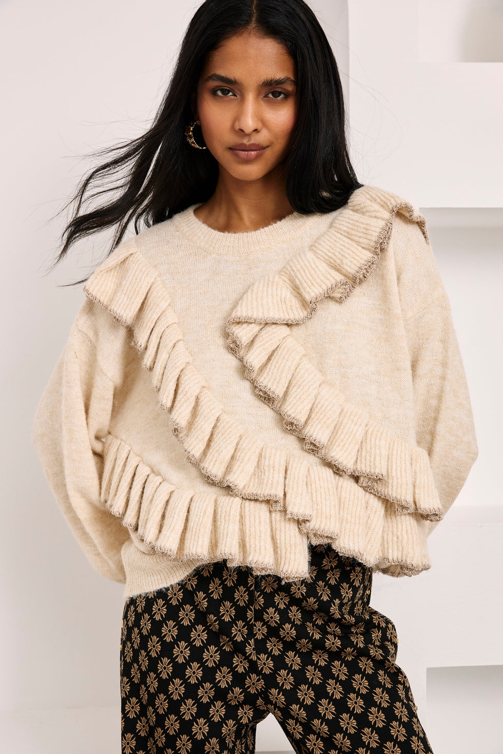 Nekane BN.ARI Ecrue Mix Wool Jumper With Asymmetrical Ruffles