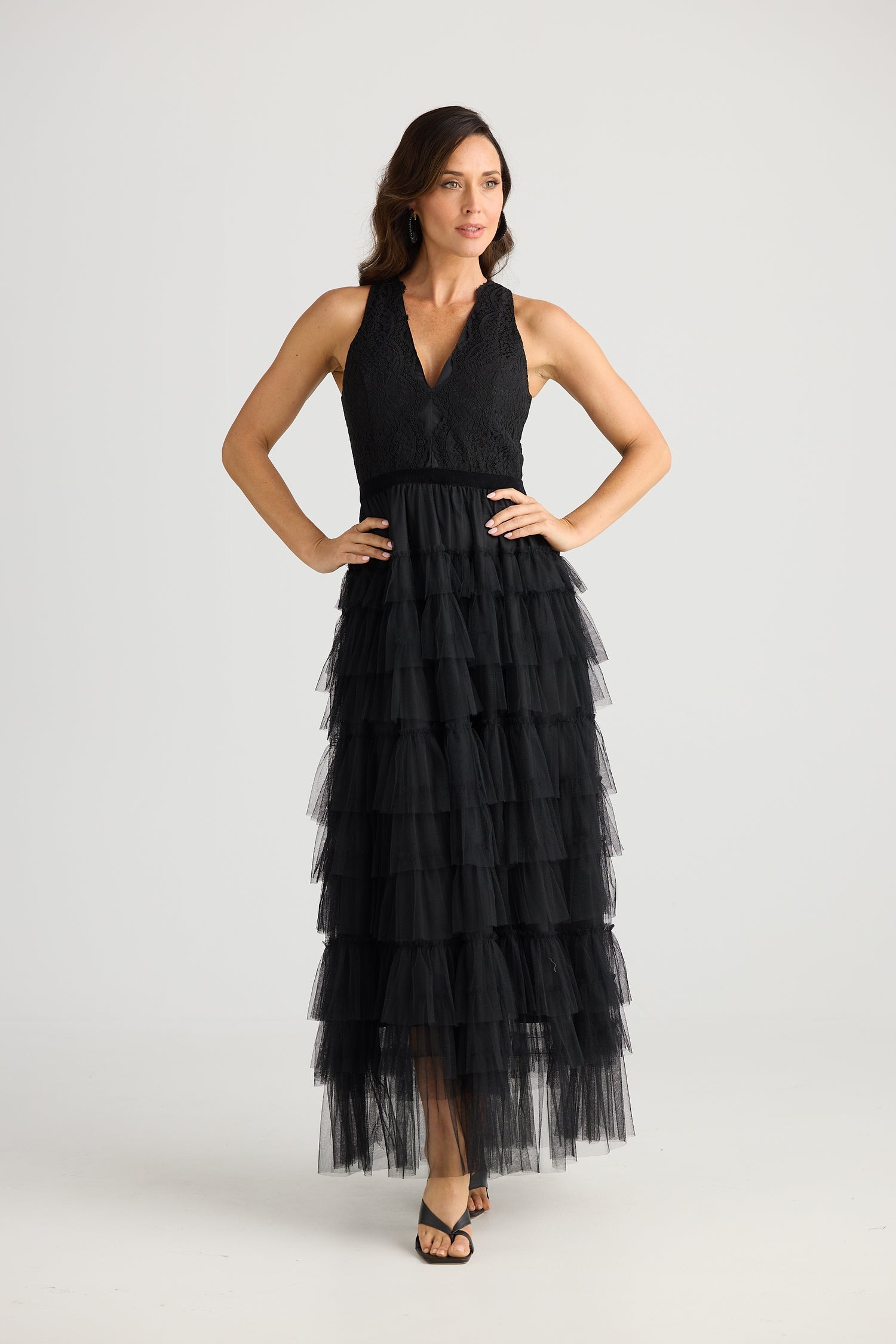 Brave & True  BT25338 Soprano Black Sleeveless  Dress With Tiers Of Ruffled Material