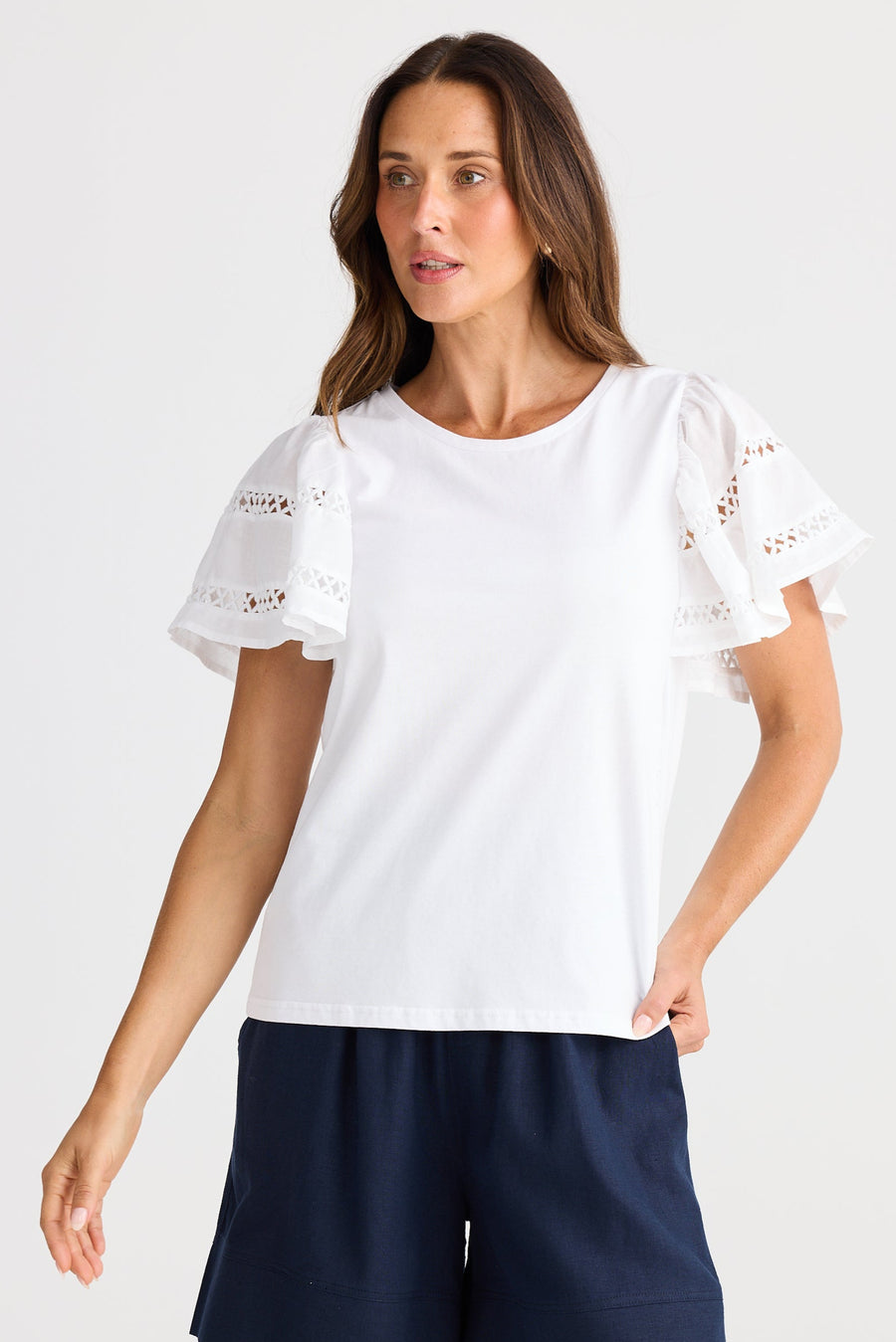 Brave & True BT25443 Chloe White Round Neck Embroidery Detail T-Shirt
