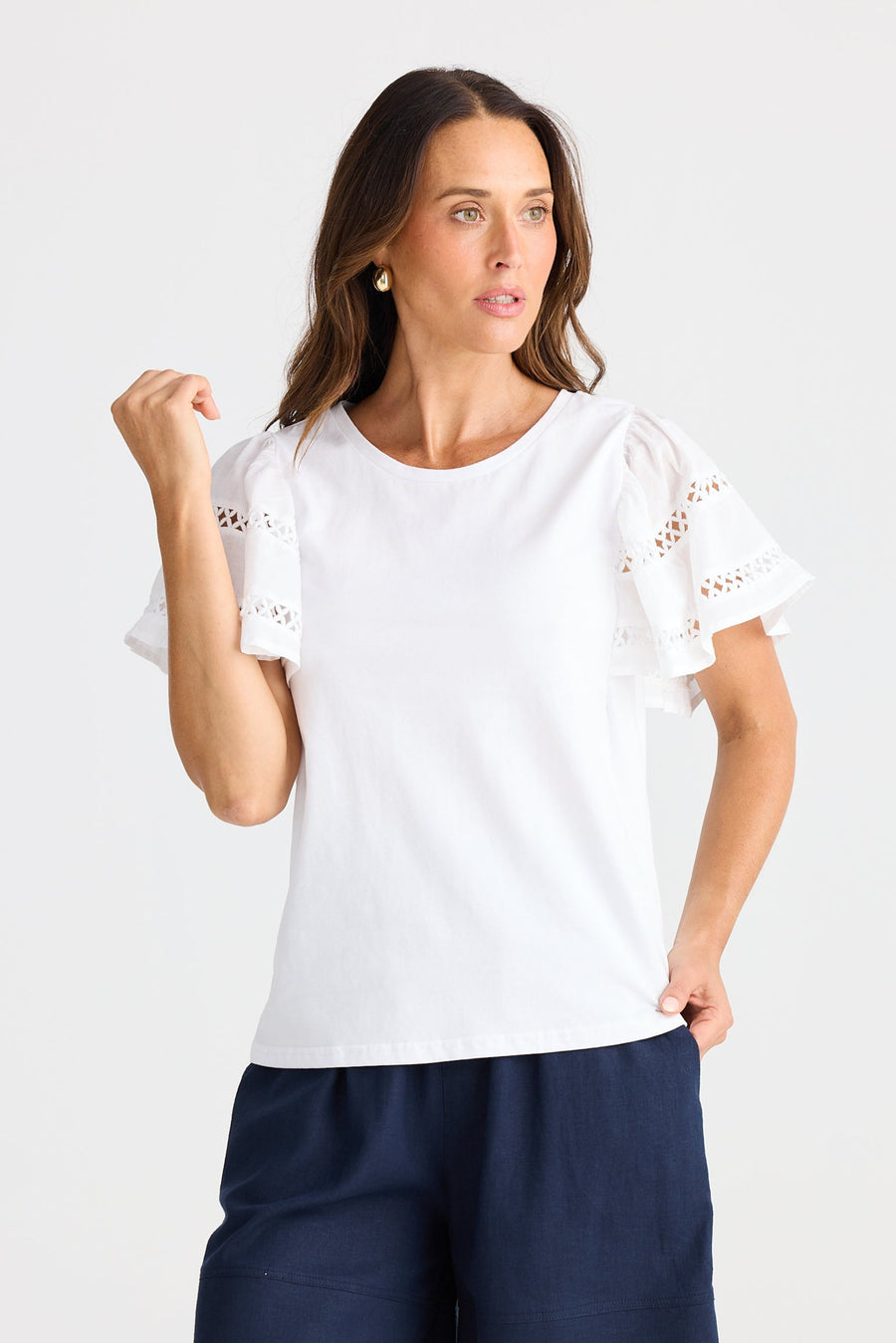 Brave & True BT25443 Chloe White Round Neck Embroidery Detail T-Shirt