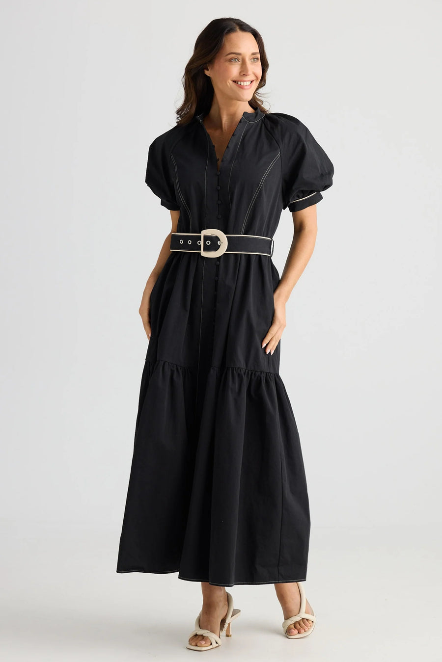 Brave & True BT25452 Amour Cotton Maxi Length Dress With Puffed Sleeves Belt And Button-Down Bodice