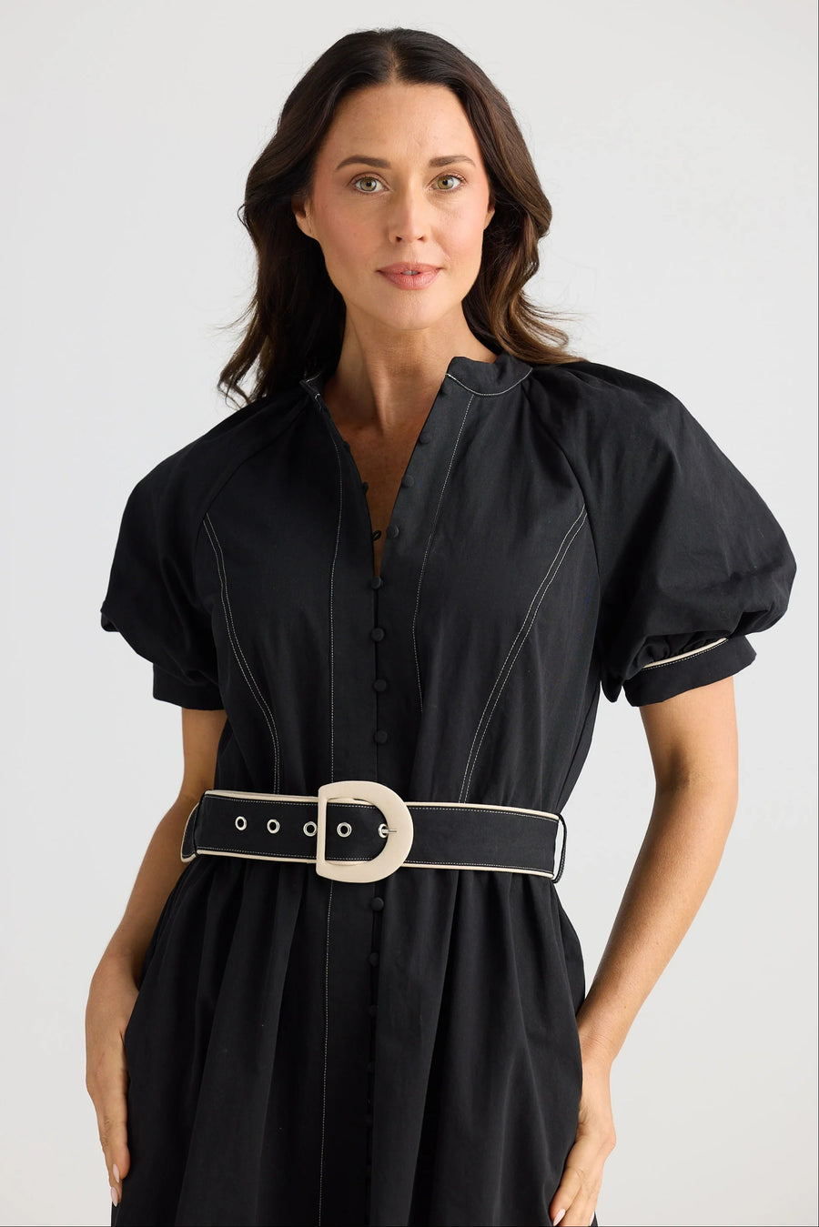 Brave & True BT25452 Amour Cotton Maxi Length Dress With Puffed Sleeves Belt And Button-Down Bodice