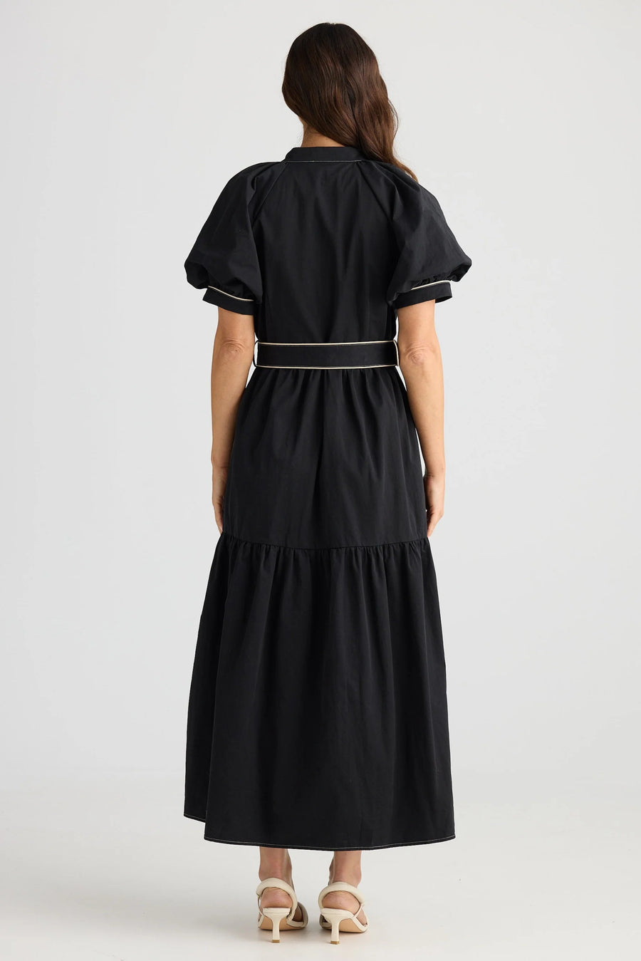 Brave & True BT25452 Amour Cotton Maxi Length Dress With Puffed Sleeves Belt And Button-Down Bodice