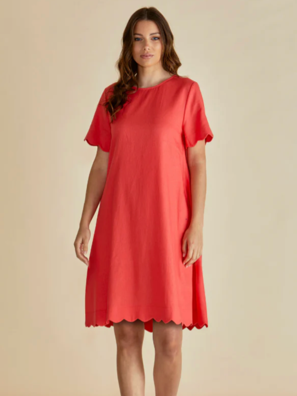 Betty Basic BB8515 Vibrant Red Knee Length Short Sleeves With Decorative Scalloped Hem Dress
