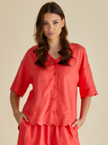 Betty Basic BB8511 Vibrant Red Short Sleeves Shirt With Decorative Scalloped Hem And Buttons