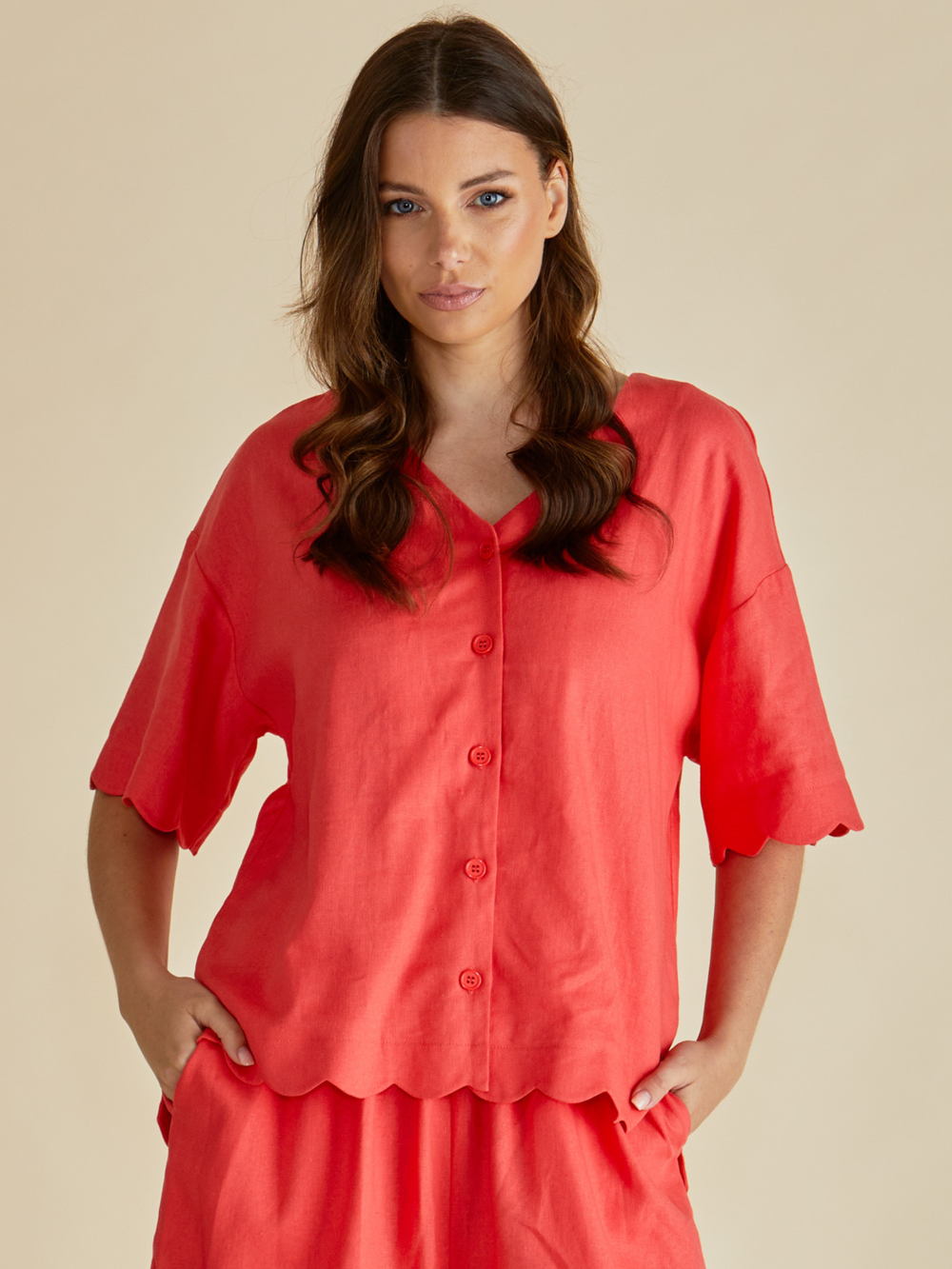Betty Basic BB8511 Vibrant Red Short Sleeves Shirt With Decorative Scalloped Hem And Buttons