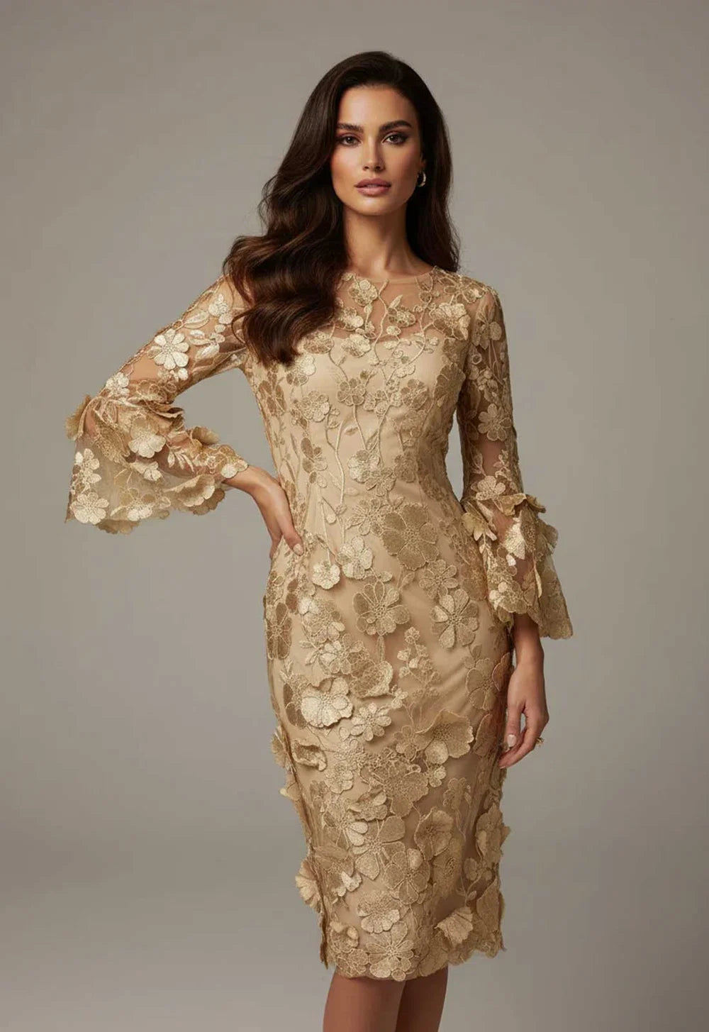 Samantha Jane CARRIE Gold 3D Floral Applique Occasion Dress